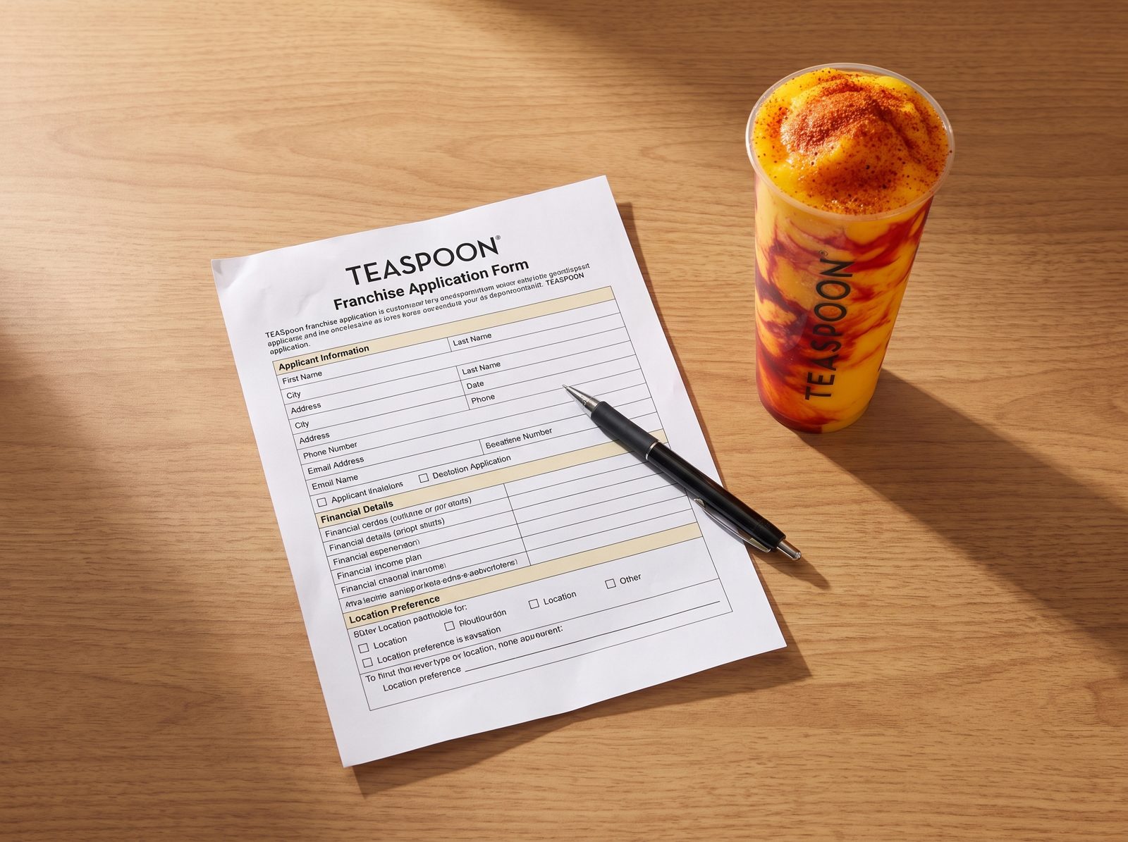 A Teaspoon franchise application form and pen on a wooden table beside a mango drink.
