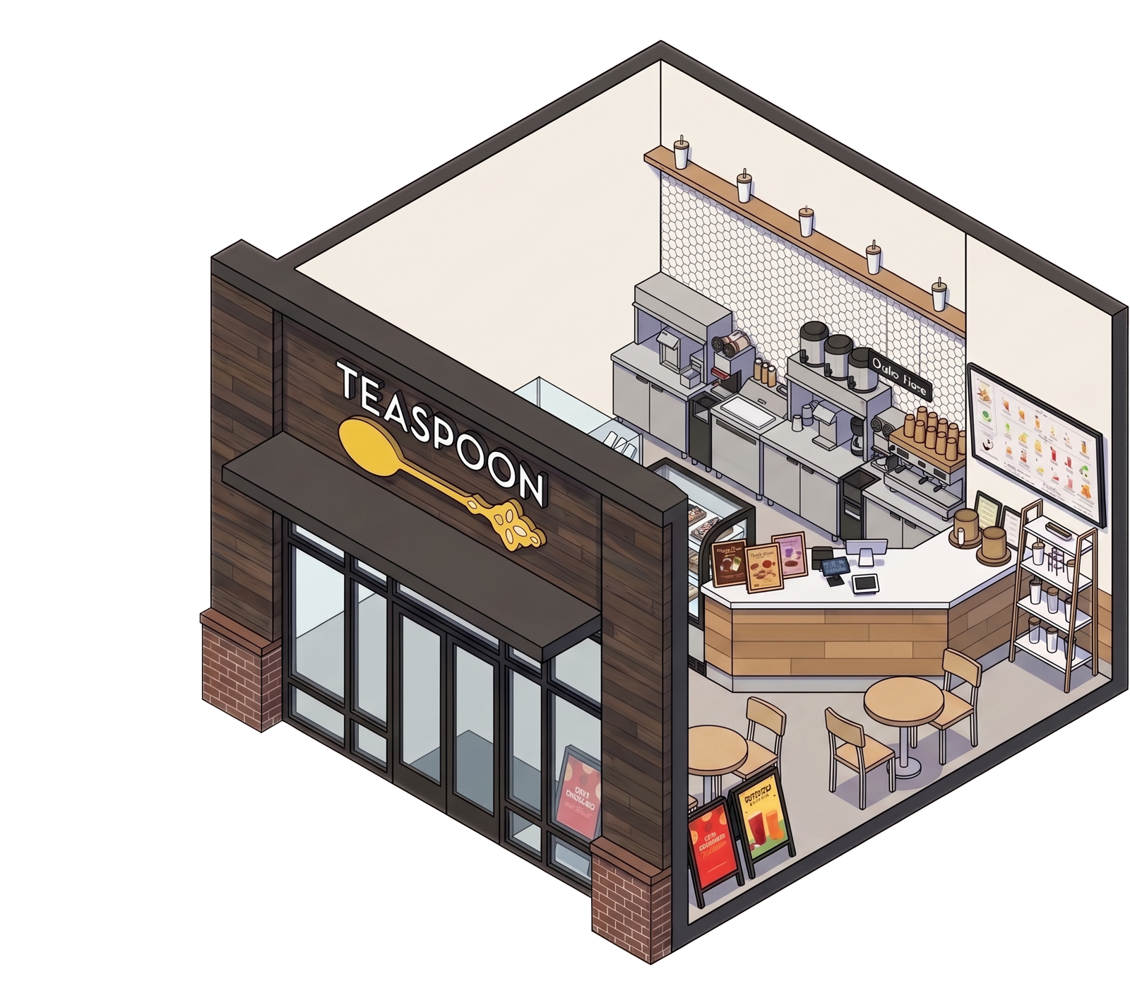 Isometric cutaway illustration of a Teaspoon store: the gold spoon storefront sign, glass doors, a wood-panelled counter with tea brewers and a menu board, and café seating.
