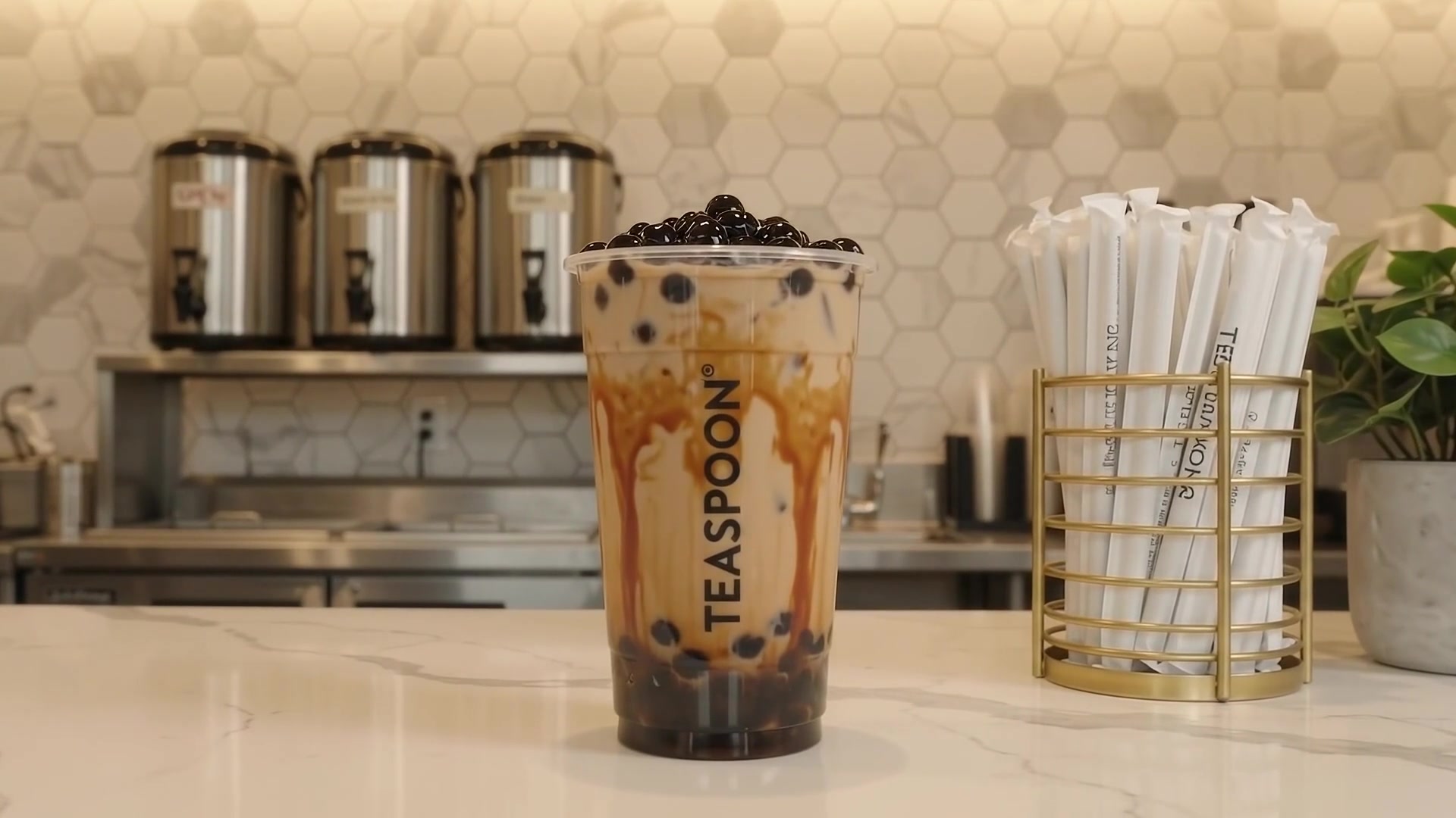 A Teaspoon brown sugar boba on the store counter.